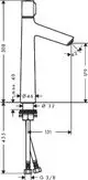 Waschtischmischer von Hansgrohe mit schlanker Bauform. Abmessungen sind auf dem technischen Zeichnungsdiagramm angezeigt. Ventile und flexible Anschlussschläuche sind abgebildet.